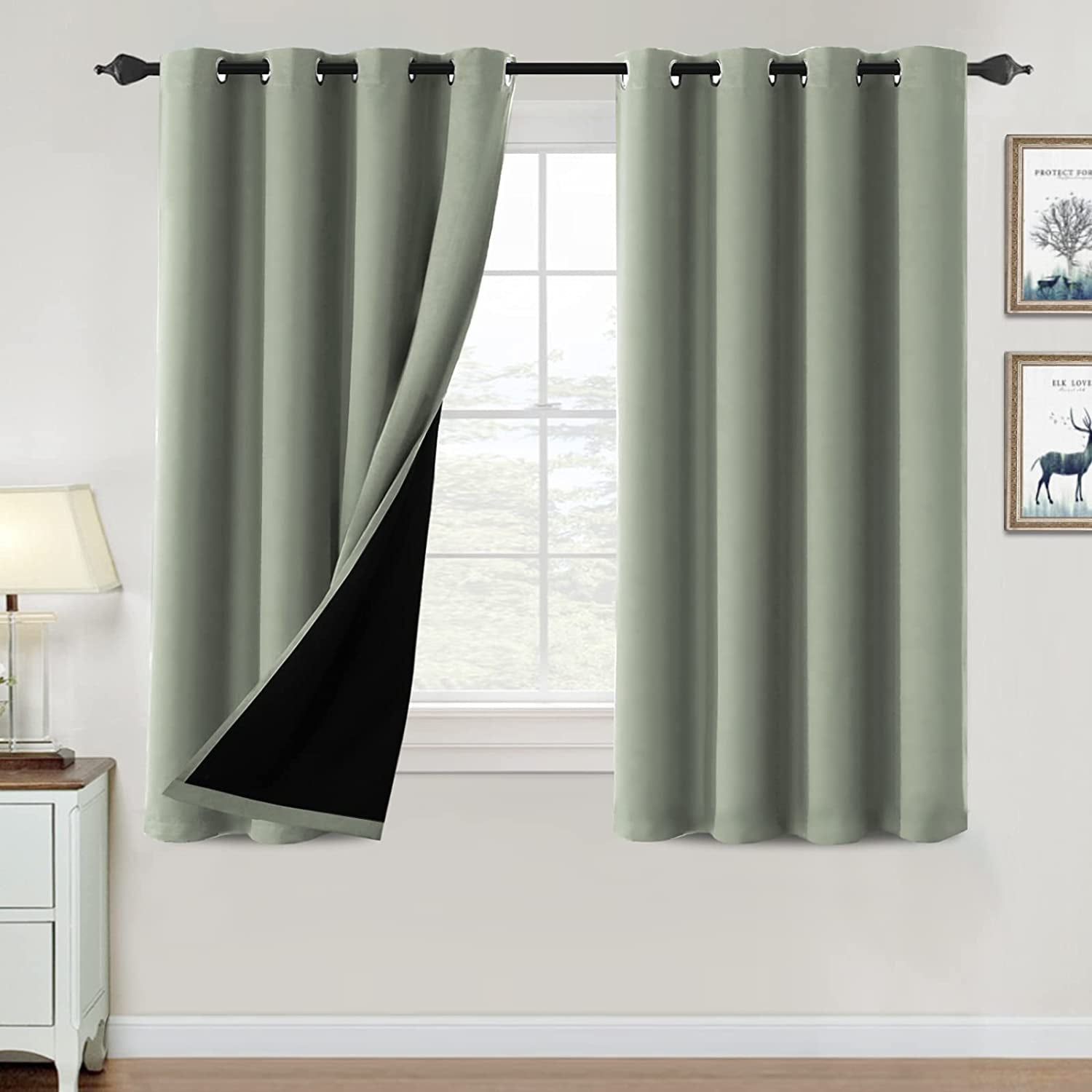 100% Blackout Curtains for Bedroom Thermal Insulated Blackout Curtains 54 Inch Length Heat and Full Light Blocking Curtains for Living Room with Black Liner 2 Panels Set, Light Sage