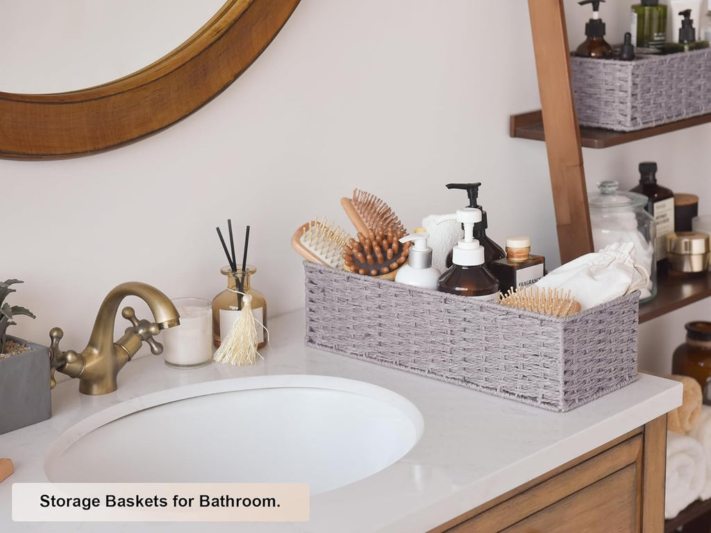 round Paper Rope Toilet Tank Topper Basket, Wicker Basket for Bathroom, Gray, 2-Pack