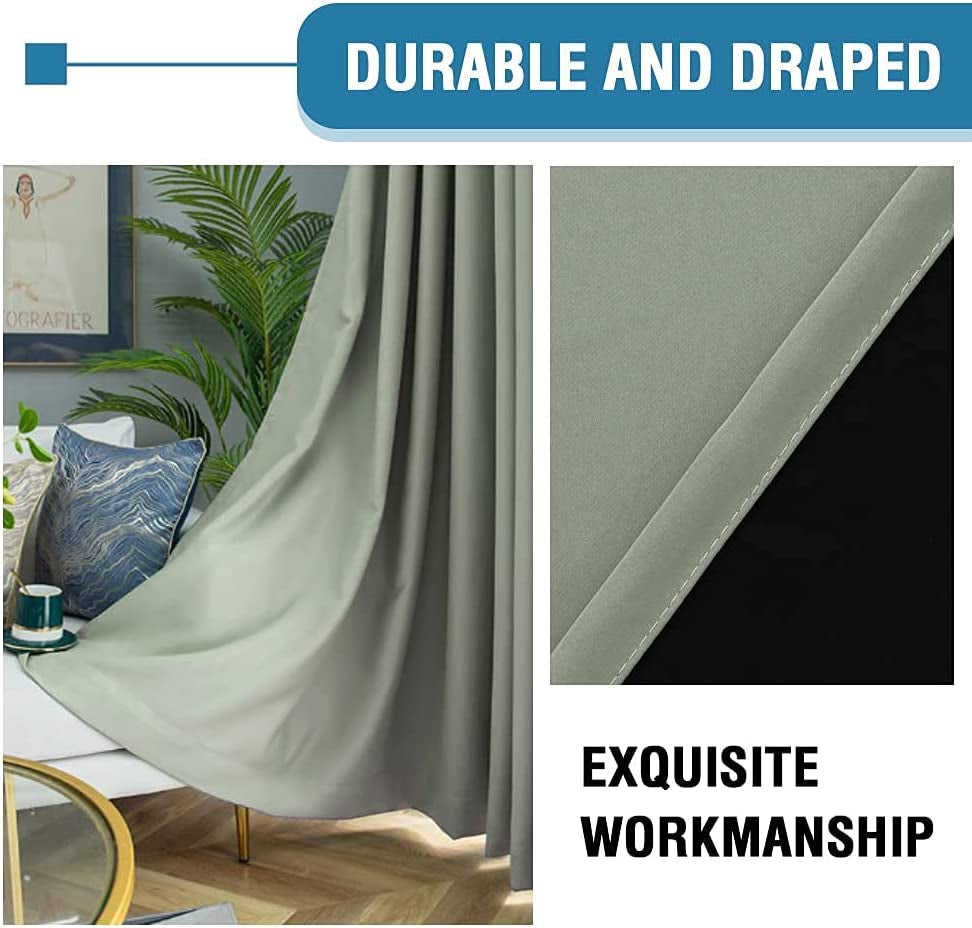 100% Blackout Curtains for Bedroom Thermal Insulated Blackout Curtains 54 Inch Length Heat and Full Light Blocking Curtains for Living Room with Black Liner 2 Panels Set, Light Sage