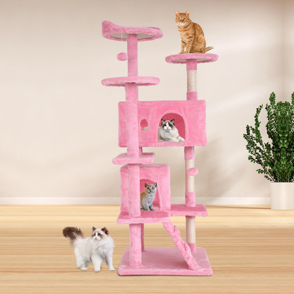 54-In Double Condo Cat Tree Tower Playhouse with Scratching Post & Perch for Indoor, Pink