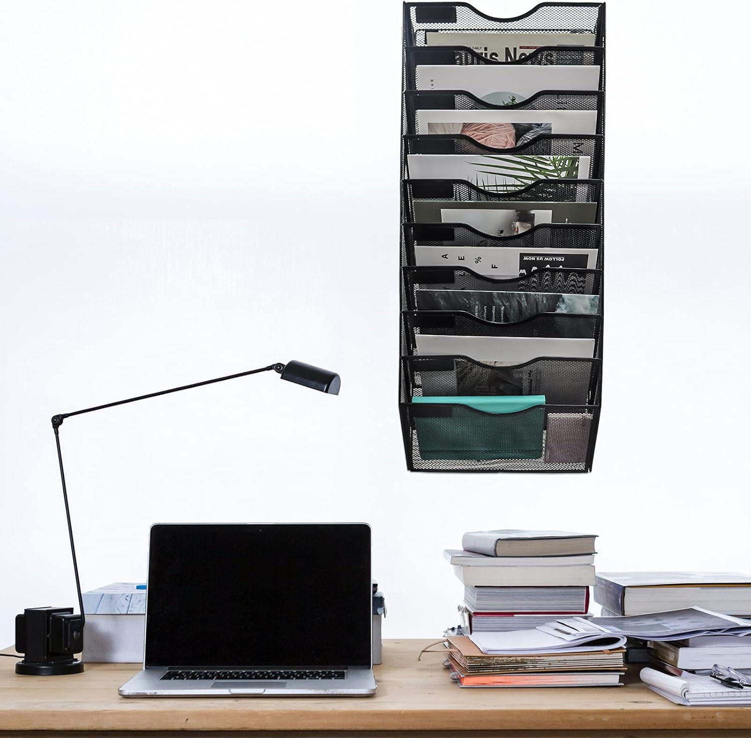 10 Pocket Mesh Hanging Wall File Organizer, Wall Mounted Mail Paper Document Folder Holder, Clipboard Storage Organization Magazine Rack with Nametag Label for Office Home School, Black
