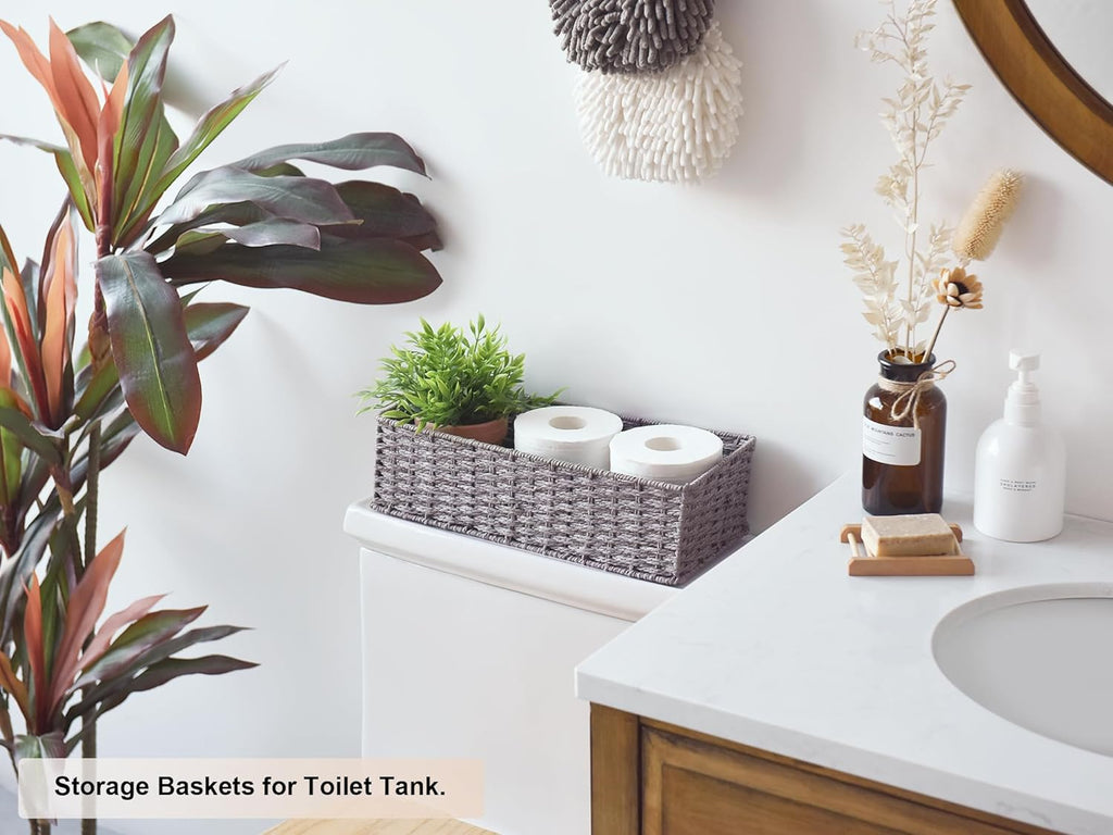 round Paper Rope Toilet Tank Topper Basket, Wicker Basket for Bathroom, Gray, 2-Pack