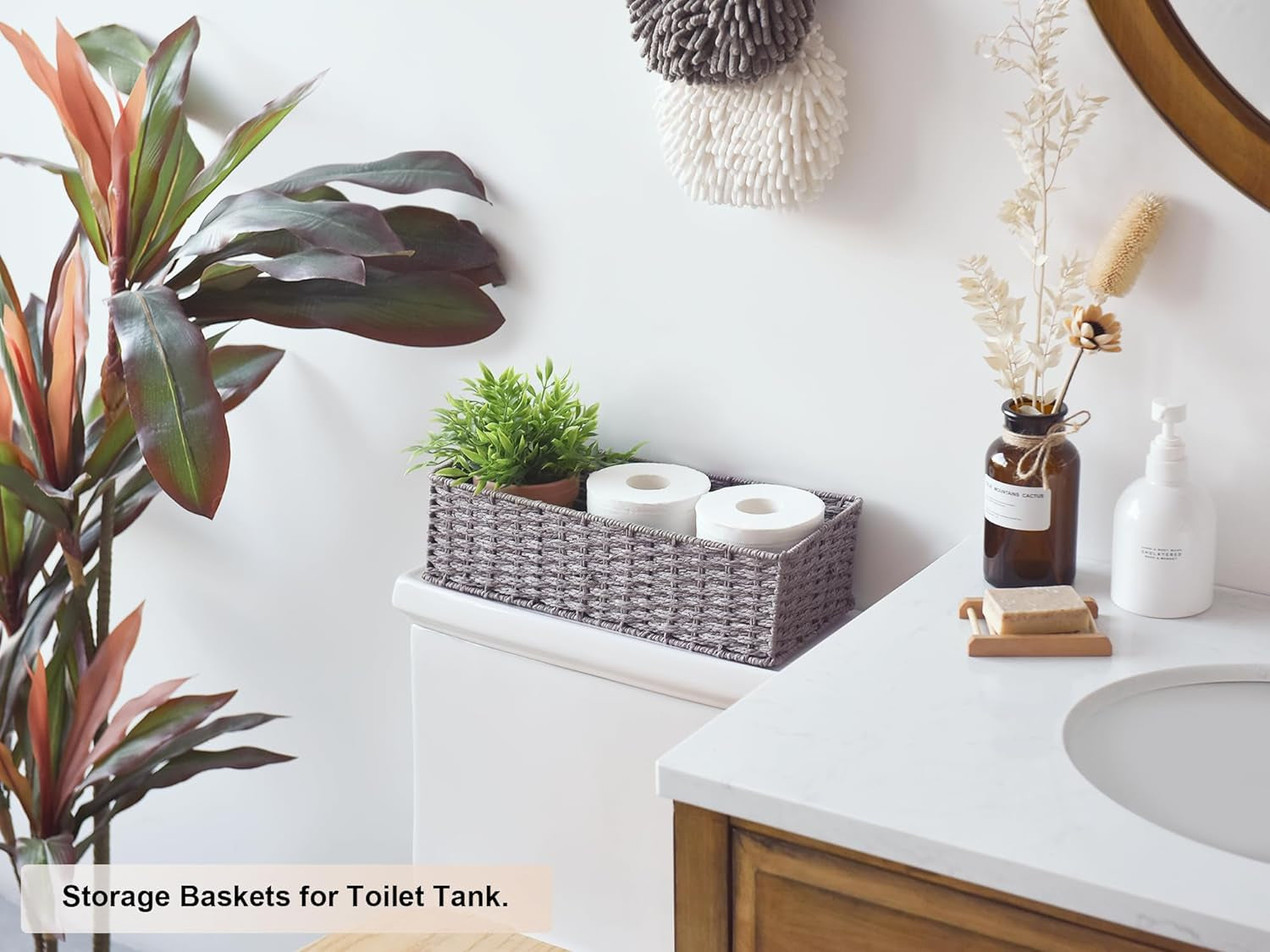 round Paper Rope Toilet Tank Topper Basket, Wicker Basket for Bathroom, Gray, 2-Pack