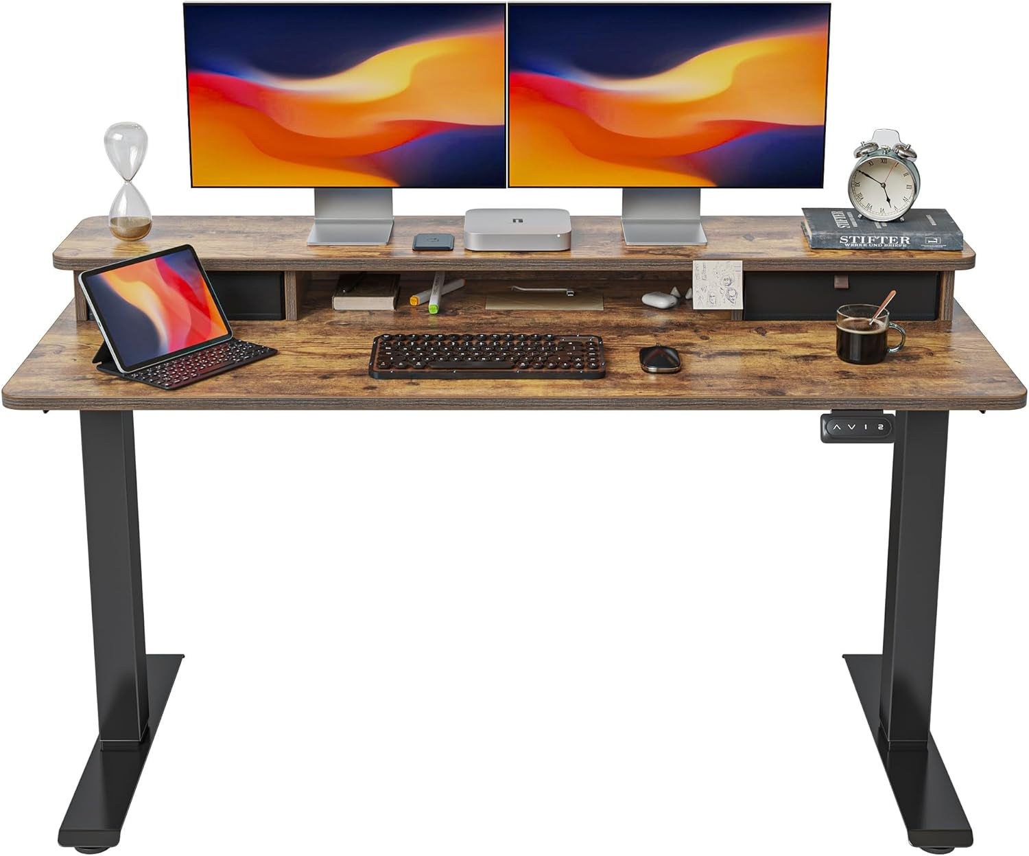 55'' Height Adjustable Electric Standing Desk with Double Drawer, Home Office Computer Desk with 4 Height-Adjustable Feets & 2 Hooks, Rustic Brown