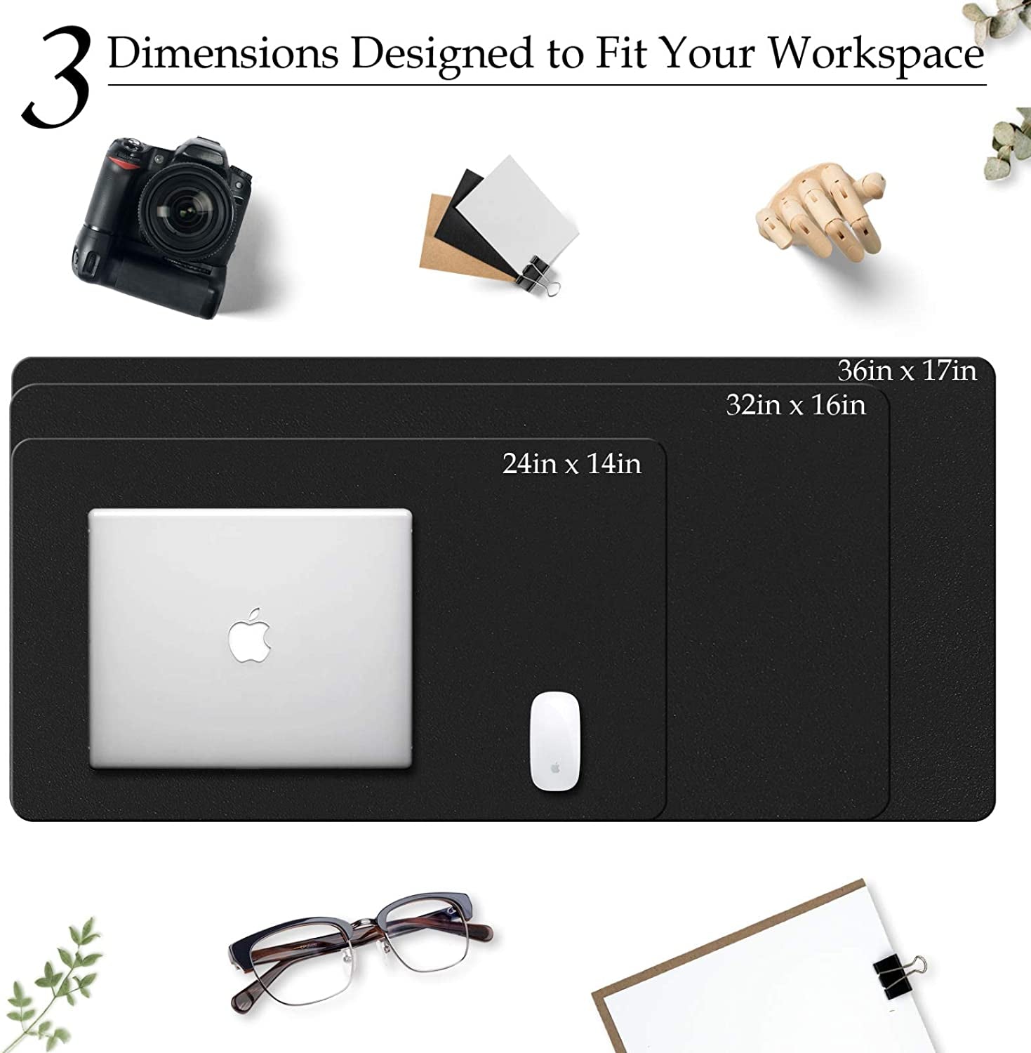 PU Leather Desk Pad with Suede Base, Multi-Color Non-Slip Mouse Pad, 24” X 14” Waterproof Desk Writing Mat, Large Desk Blotter Protector (Black)