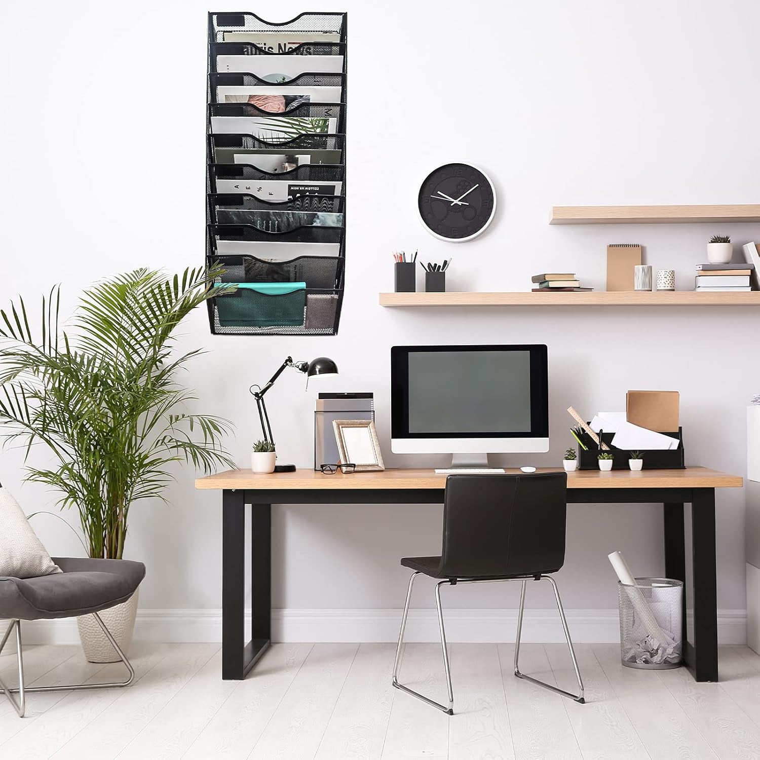 10 Pocket Mesh Hanging Wall File Organizer, Wall Mounted Mail Paper Document Folder Holder, Clipboard Storage Organization Magazine Rack with Nametag Label for Office Home School, Black