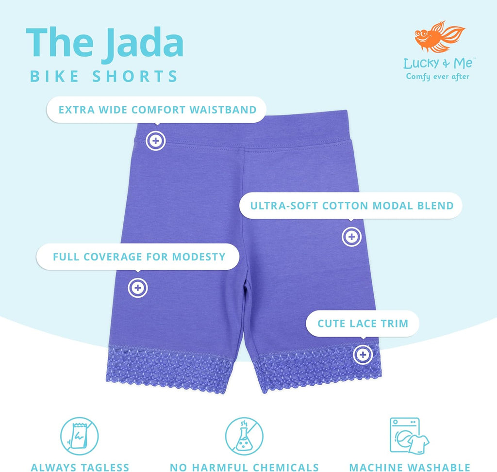 Girls Bike Shorts, Super Soft Cotton Modal Blend with Lace Trim, Jada 3 Pack