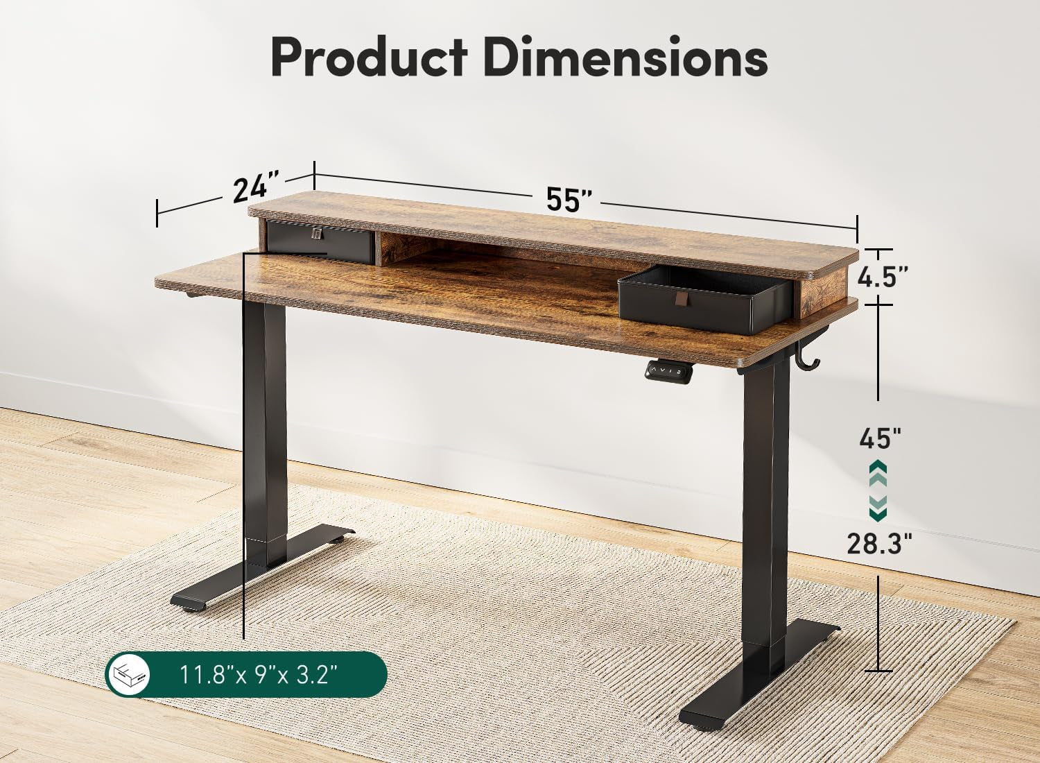 55'' Height Adjustable Electric Standing Desk with Double Drawer, Home Office Computer Desk with 4 Height-Adjustable Feets & 2 Hooks, Rustic Brown