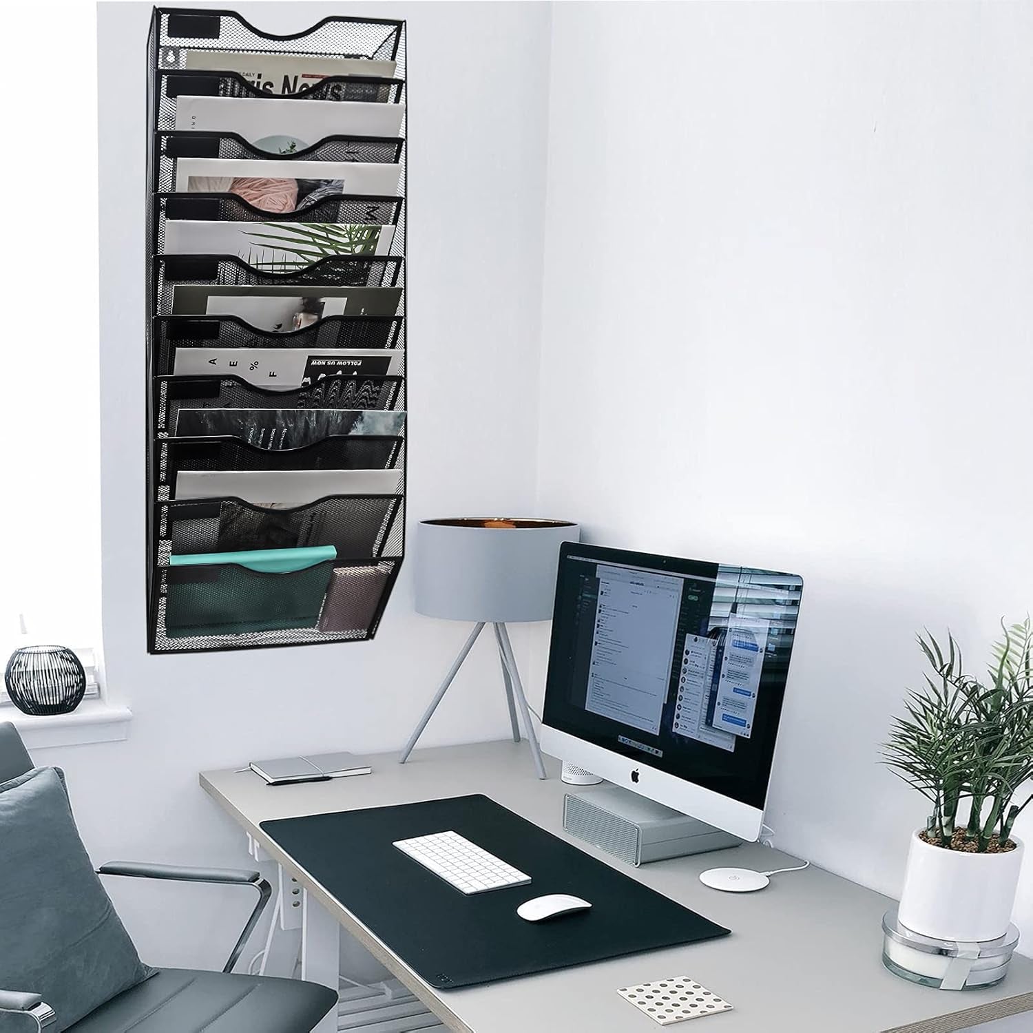 10 Pocket Mesh Hanging Wall File Organizer, Wall Mounted Mail Paper Document Folder Holder, Clipboard Storage Organization Magazine Rack with Nametag Label for Office Home School, Black