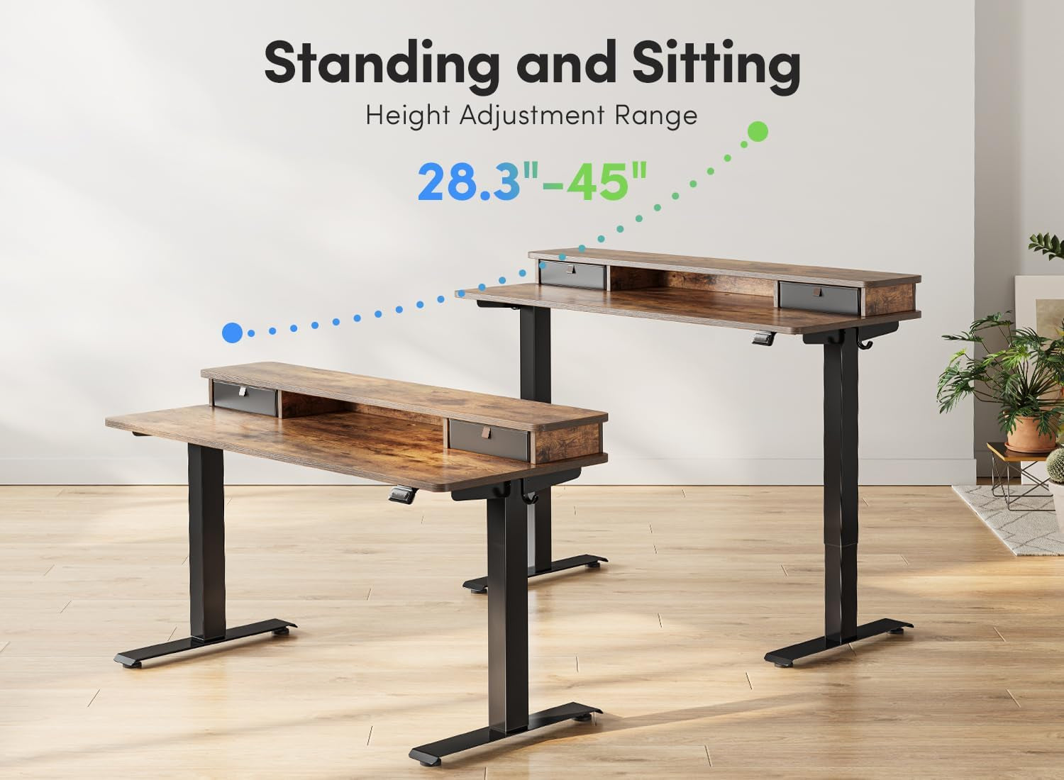 55'' Height Adjustable Electric Standing Desk with Double Drawer, Home Office Computer Desk with 4 Height-Adjustable Feets & 2 Hooks, Rustic Brown