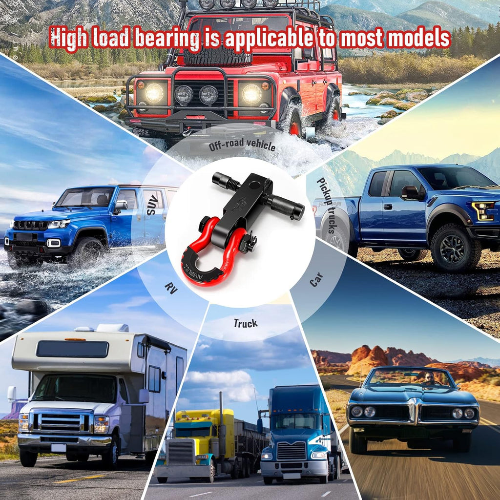 Shackle Hitch Receiver & Towing Hitch Lock, with 3/4 Inch D-Ring Shackle, 2 Insurance Pins, Weatherproof Anti-Theft Lockable Heavy Duty Solid Recovery Kit - Red