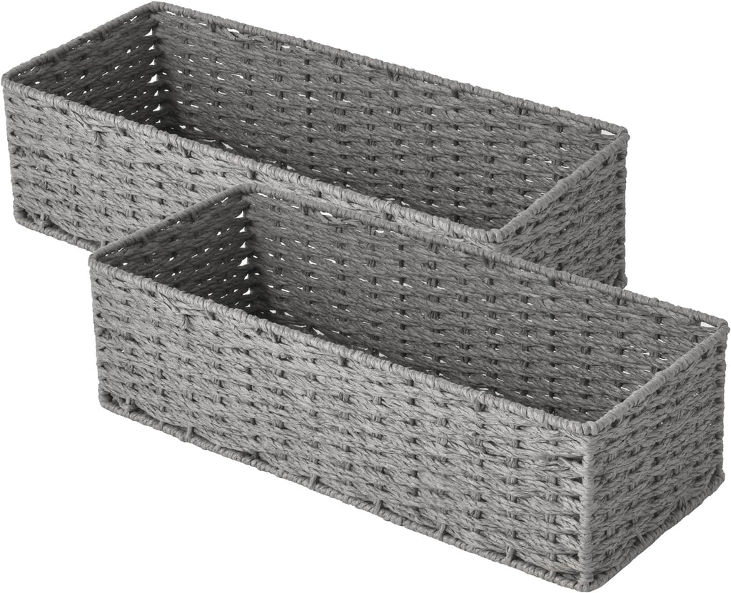 round Paper Rope Toilet Tank Topper Basket, Wicker Basket for Bathroom, Gray, 2-Pack