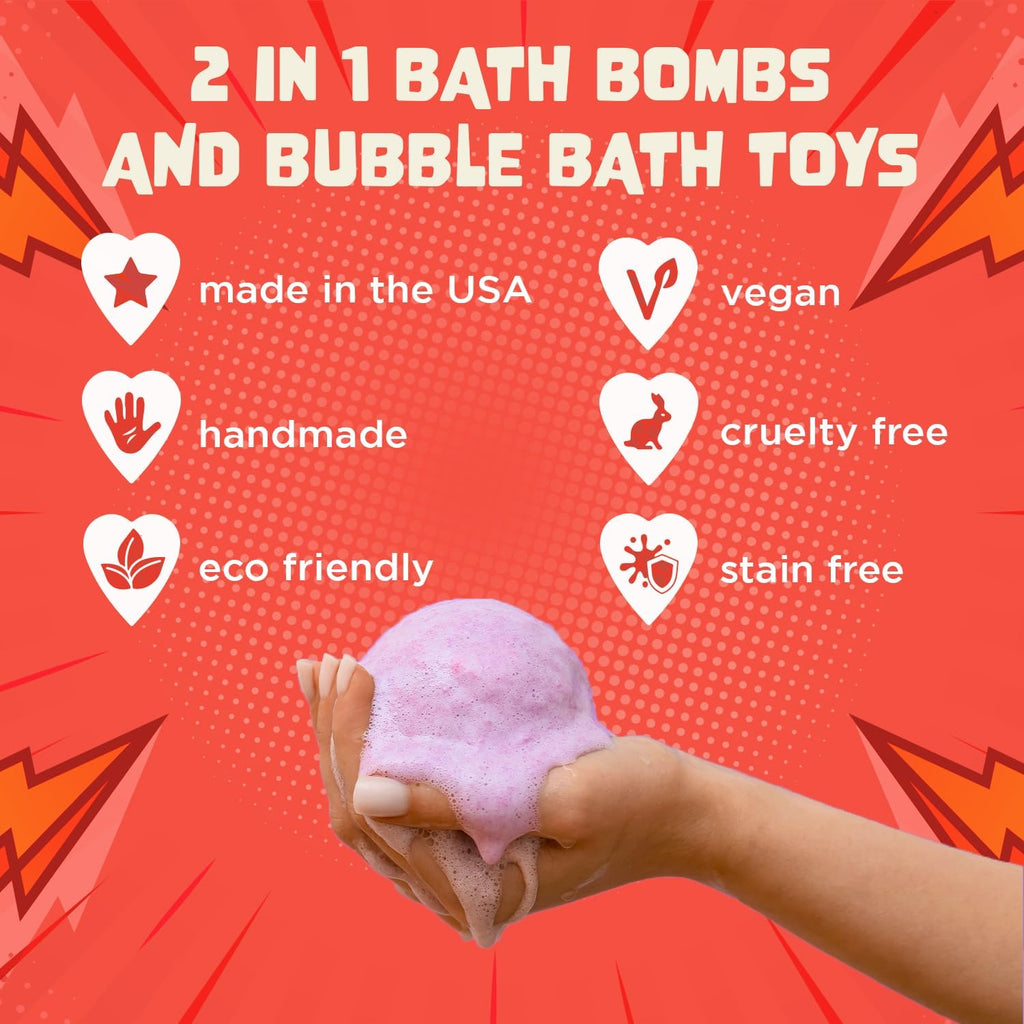 Superhero Bath Bombs for Kids with Surprise Toys inside (6 Pack) - Large Bubble Bomb Fizzies for Boys, Girls, & Toddlers - Fruity Scents, Relaxing Aromas, Made in USA, Birthday Gift by