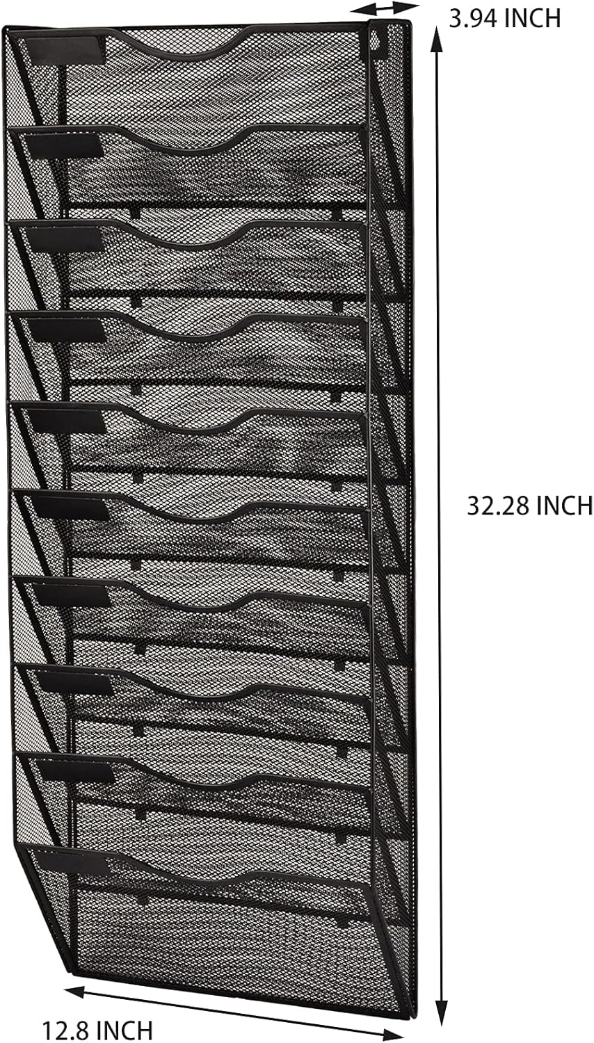 10 Pocket Mesh Hanging Wall File Organizer, Wall Mounted Mail Paper Document Folder Holder, Clipboard Storage Organization Magazine Rack with Nametag Label for Office Home School, Black